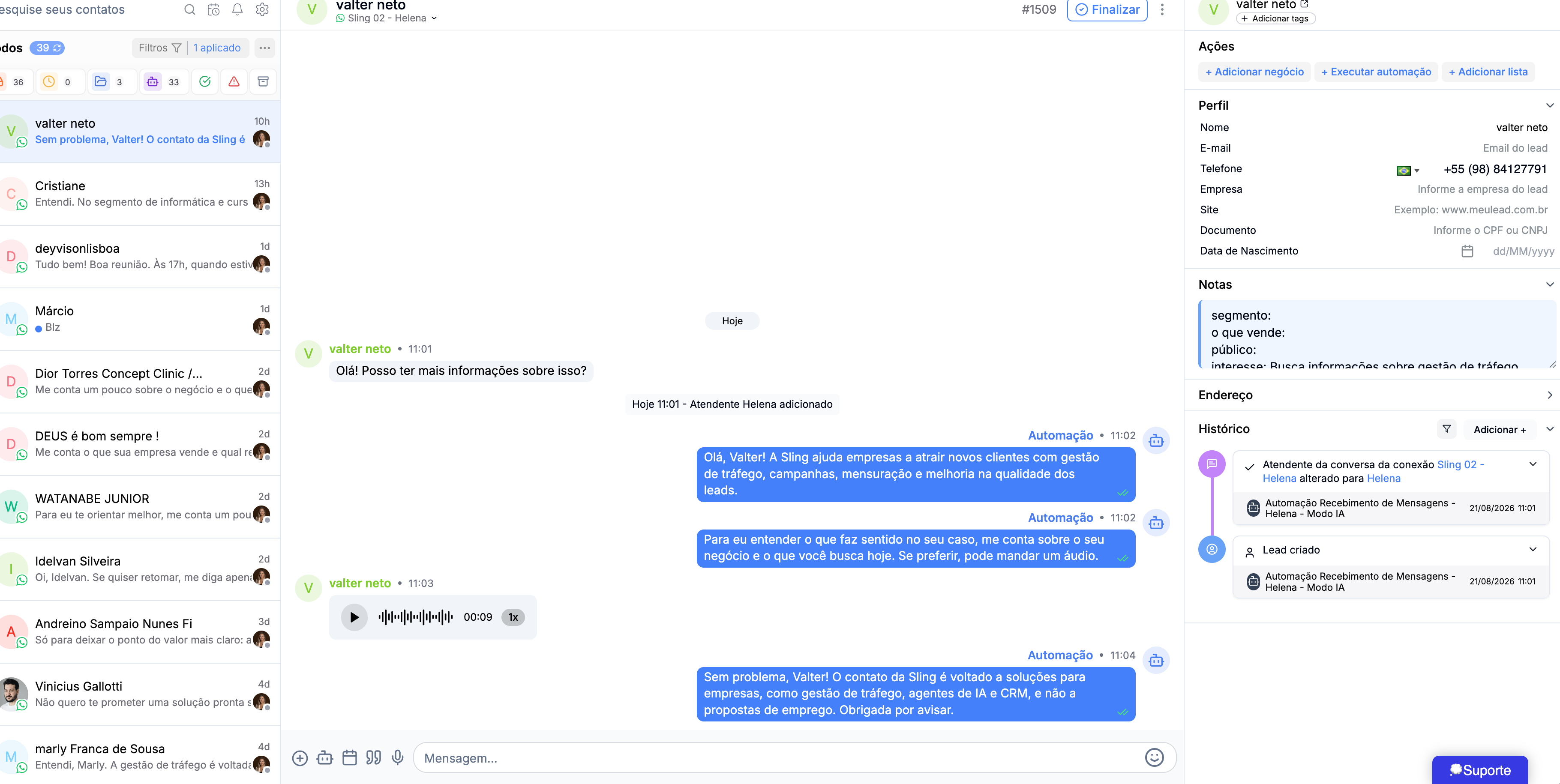 Interface de atendimento WhatsApp no DataCrazy