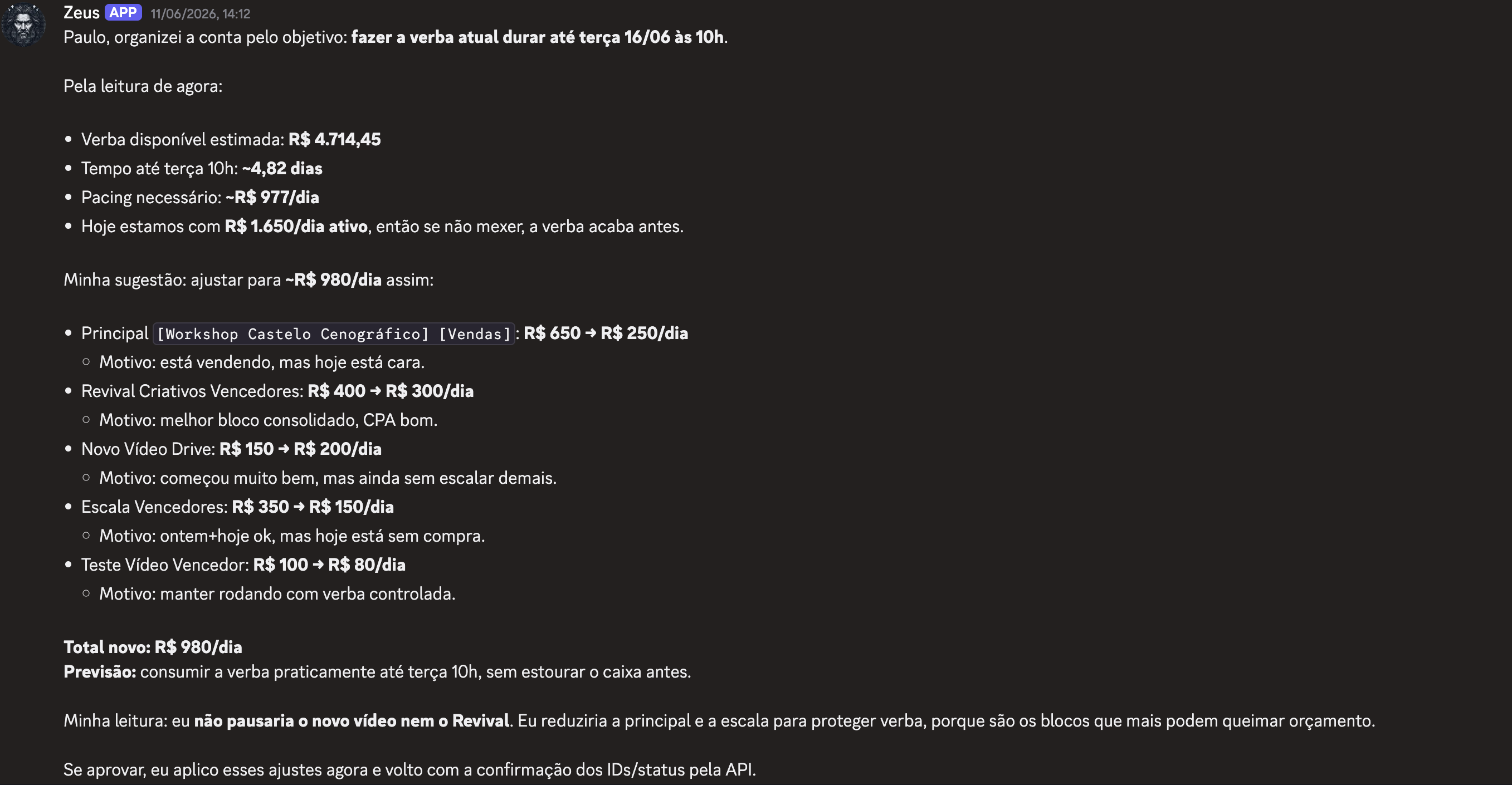 Exemplo de análise e recomendação de gestão de tráfego feita por Zeus